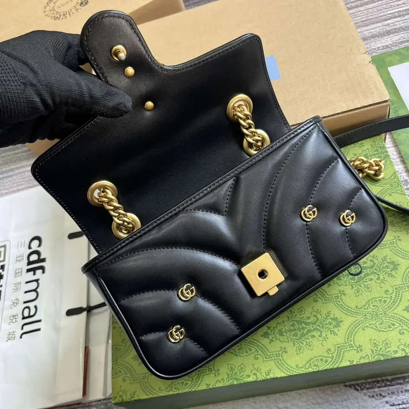 Gucci 446744 GG Marmont Mini Shoulder Bag Double G Studs Black