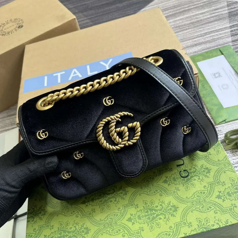 Gucci 446744 GG Marmont Mini Shoulder Bag Black Quilted Velvet