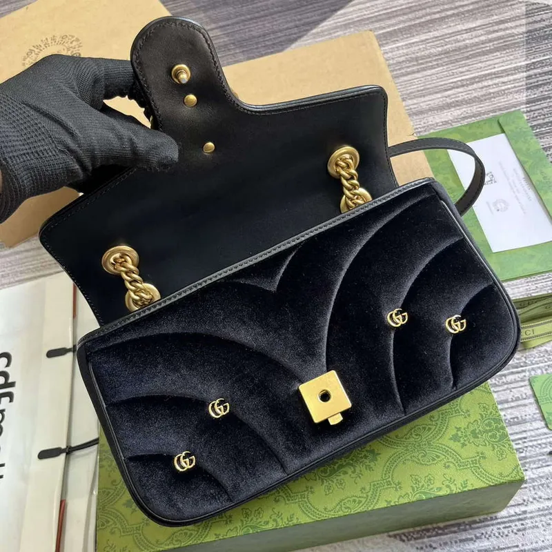 Gucci 443497 GG Marmont Small Shoulder Bag Black Quilted Velvet