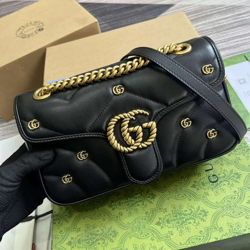 Gucci 443497 GG Marmont Small Shoulder Bag Double G Studs Black