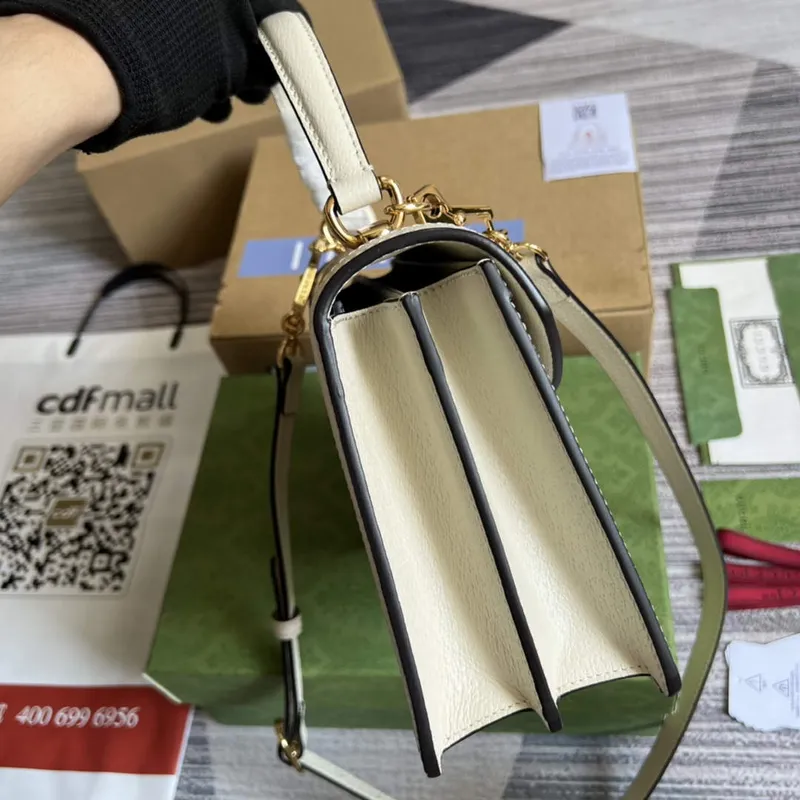 Gucci    651055 Ophidia GG Small Top Handle Bag Beige and white