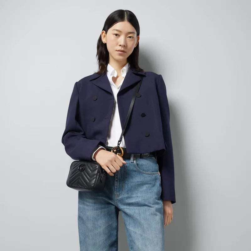 Gucci 634936 GG Marmont Mini Shoulder Bag Black matelassé chevron leather