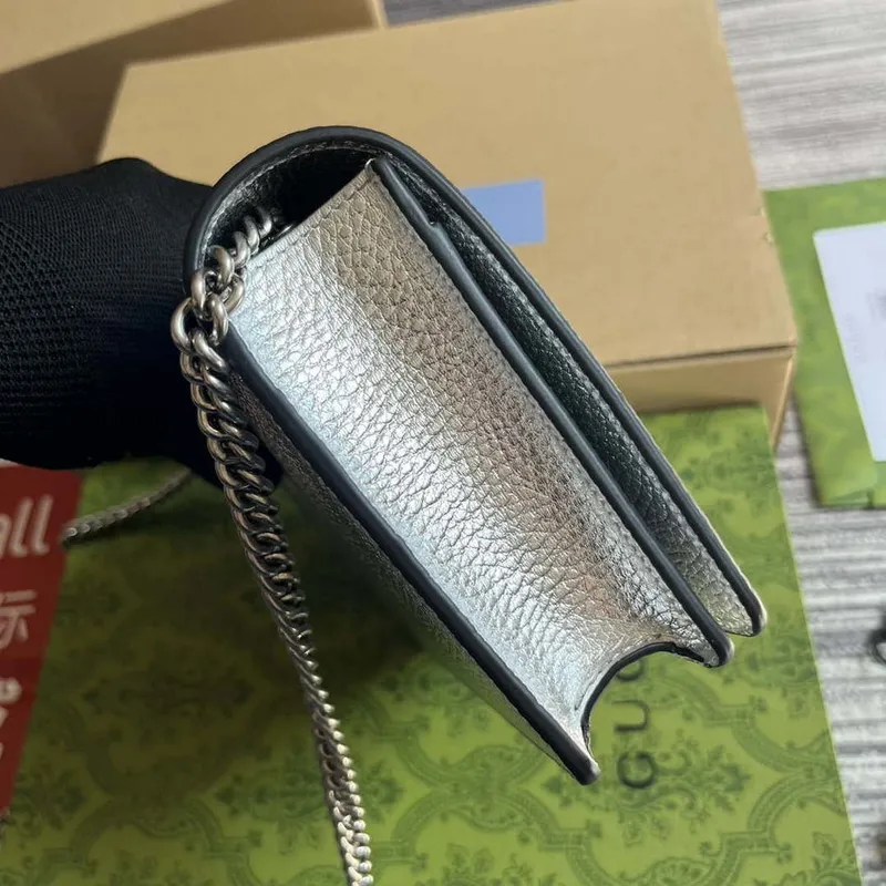 Gucci 497985 GG Marmont Leather Mini Chain Bag Silver