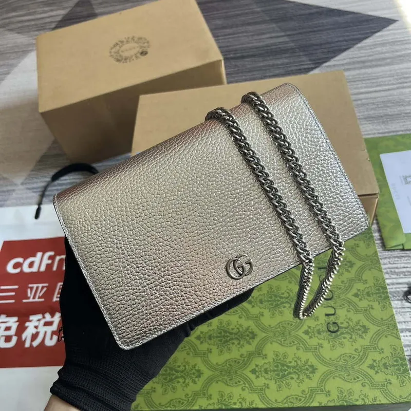 Gucci 497985 GG Marmont Leather Mini Chain Bag Silver
