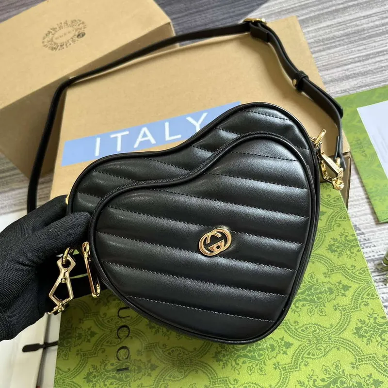 Gucci 751628 Interlocking G Mini Heart Shoulder Bag Black