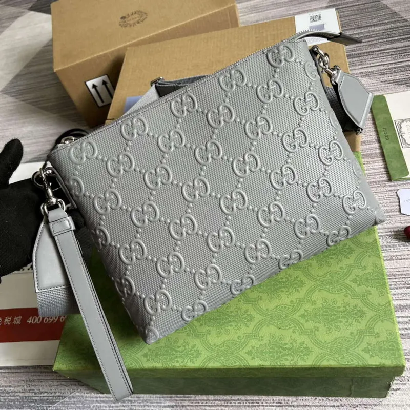 Gucci 696009 GG Embossed Medium Messenger Bag Gray