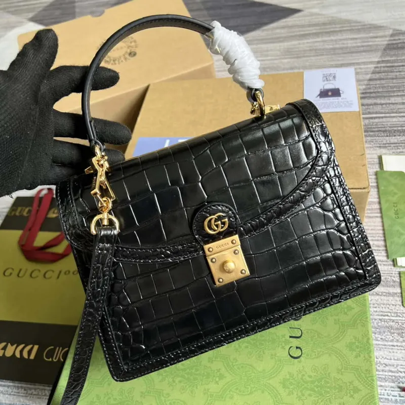 Gucci 651055 Ophidia GG small top handle Crocodile Leather bag Black