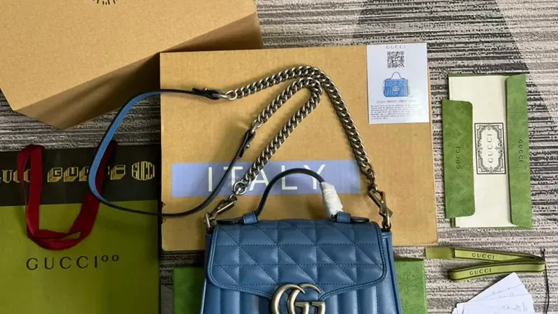 Gucci 583571 GG Marmont Mini Top Handle Bag — Elegant Blue Statement