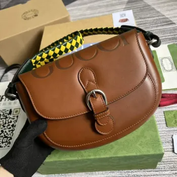 Gucci 679540 Logo print Leather Shoulder Bag Brown