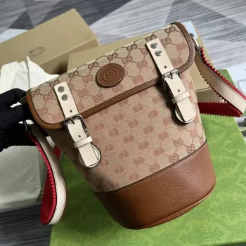 Gucci 630819 Bucket Bag in GG Supreme Canvas and Brown Leather