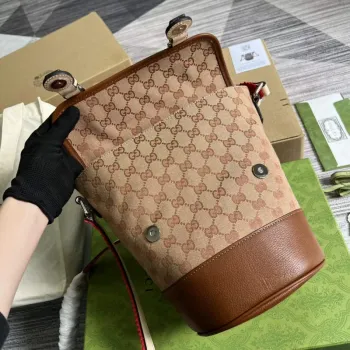 Gucci 630819 Bucket Bag in GG Supreme Canvas and Brown Leather