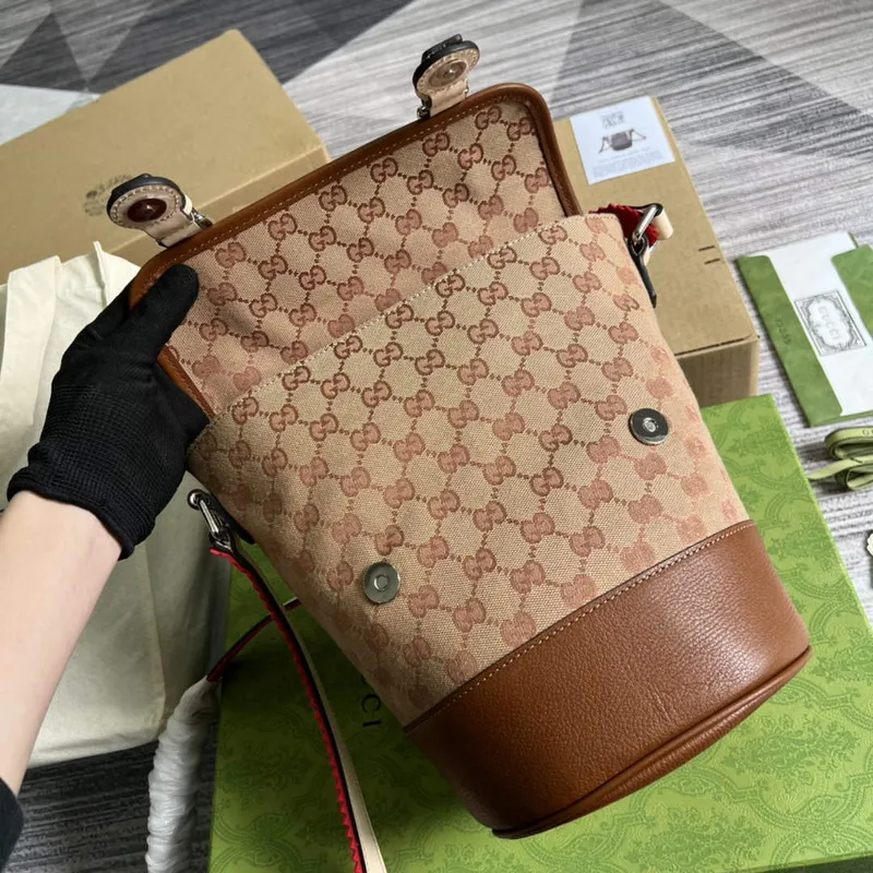 Gucci 630819 Bucket Bag in GG Supreme Canvas and Brown Leather