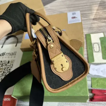 Gucci 715771 Mini canvas top handle bag Light Brown and Black Original GG canvas