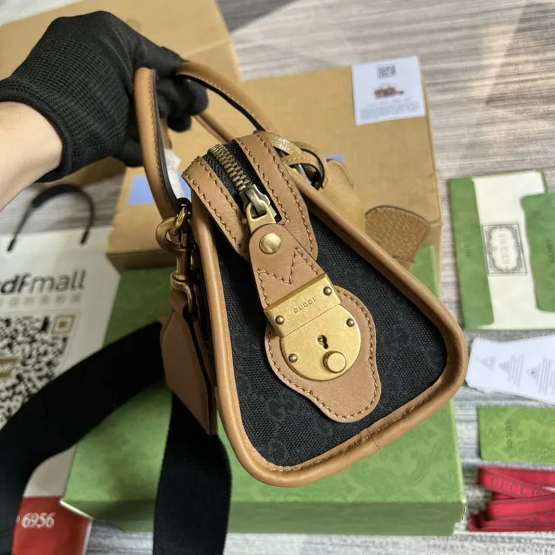 Gucci 715771 Mini canvas top handle bag Light Brown and Black Original GG canvas