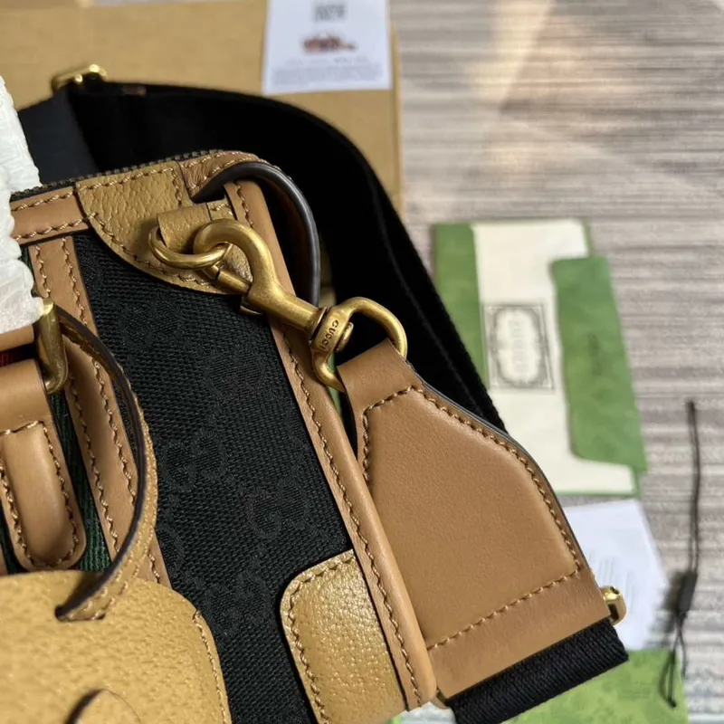 Gucci 715771 Mini canvas top handle bag Light Brown and Black Original GG canvas