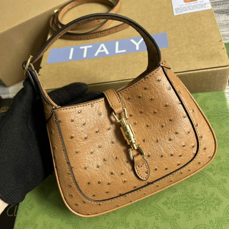 Gucci 637091 Jackie 1961 Mini Ostrich skin Shoulder Bag Brown