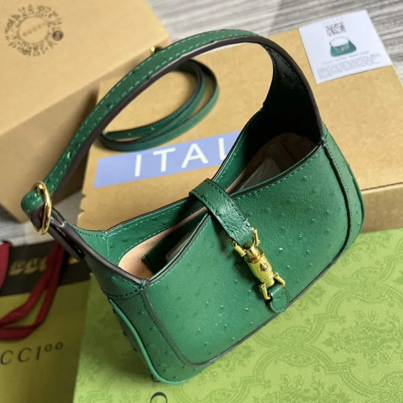 Gucci 637091 Jackie 1961 Mini Ostrich skin Shoulder Bag Green