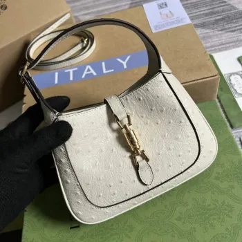 Gucci 637091 Jackie 1961 Mini Ostrich skin Shoulder Bag Beige
