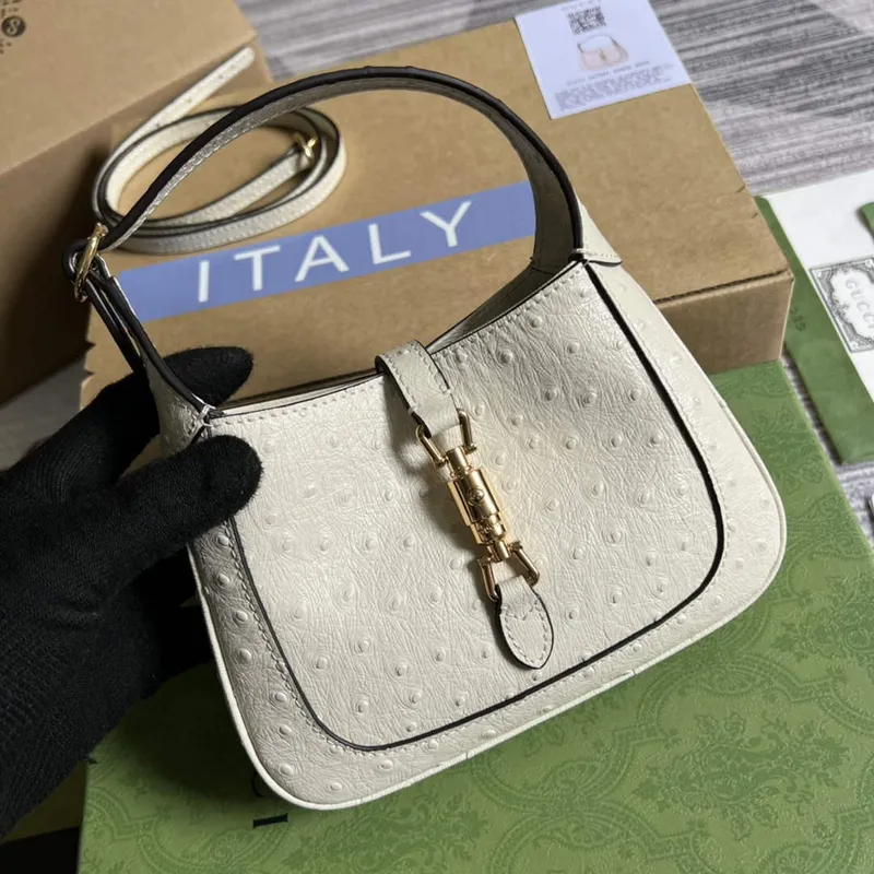 Gucci 637091 Jackie 1961 Mini Ostrich skin Shoulder Bag Beige