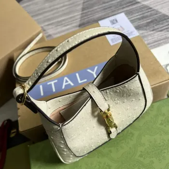 Gucci 637091 Jackie 1961 Mini Ostrich skin Shoulder Bag Beige