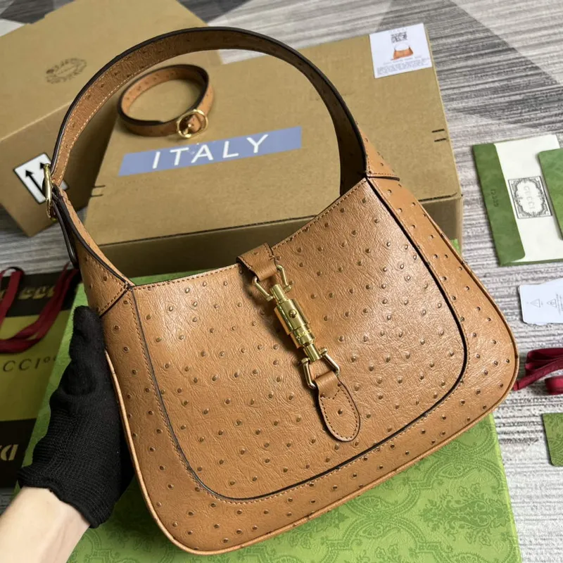 Gucci 636709 Jackie 1961 Small Ostrich skin Bag Brown