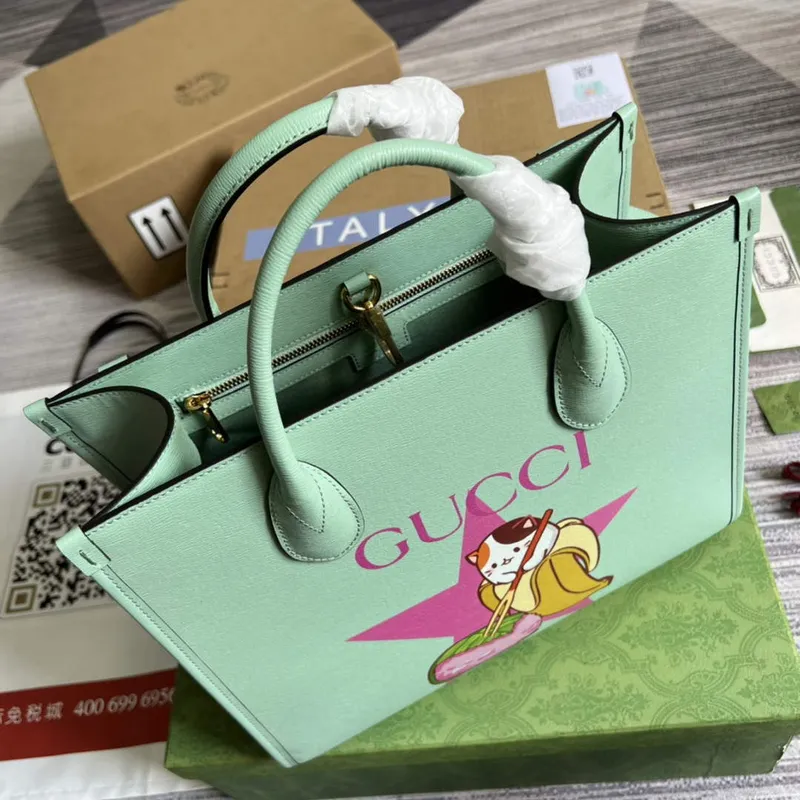 Gucci 659983 Bananya Print Small Tote Pale green