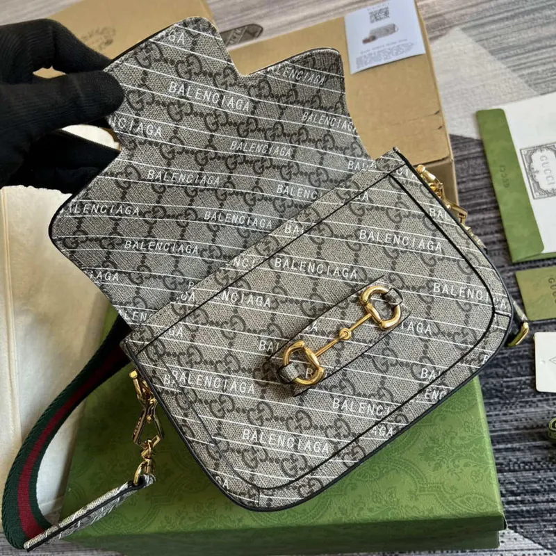 Gucci 658574 Gucci Horsebit 1955 Mini Bag Gray with Pvc Printer Logo