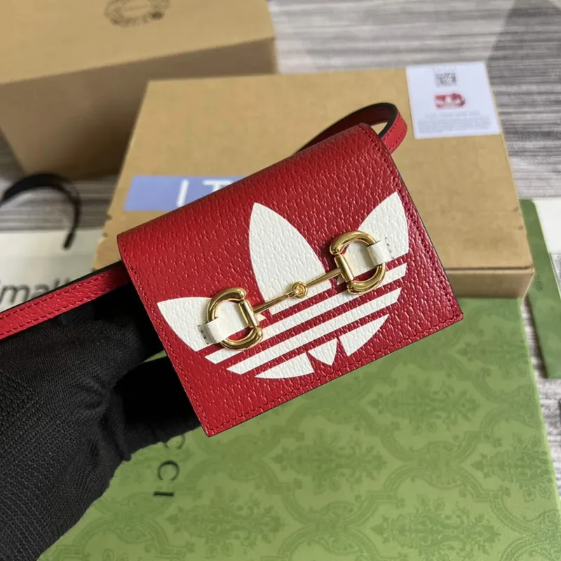Adidas x Gucci card case with Horsebit 702248 Off white and red leather
