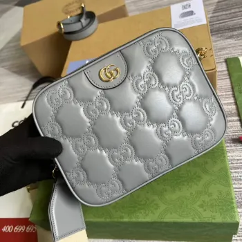 Gucci 702234 GG Matelassé Leather Shoulder Handbag Dusty grey