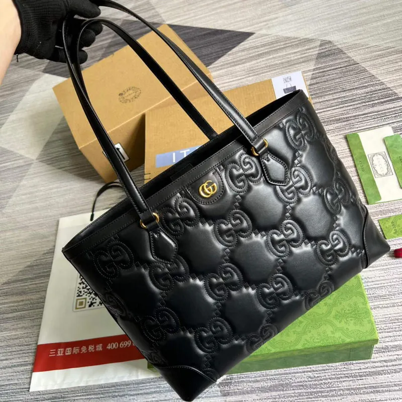 Gucci 631685 GG matelassé leather medium tote Bag Black