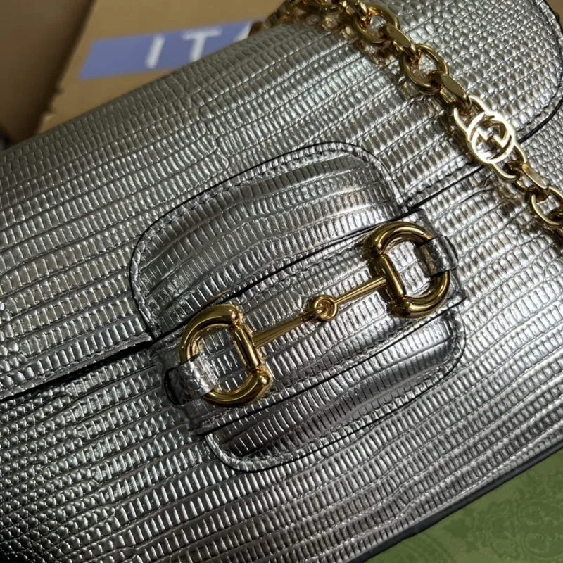 Gucci 675801 Horsebit 1955 lizard mini bag silver leather