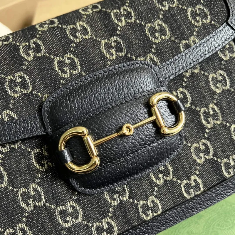 Gucci Horsebit 1955 shoulder bag 602204 Black and ivory GG denim jacquard