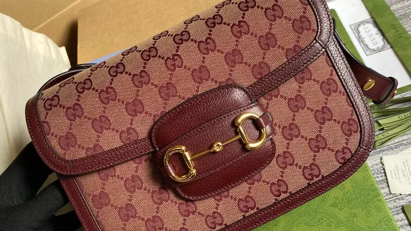 Gucci Horsebit 1955 Shoulder Bag — Beige & Burgundy Original GG Canvas
