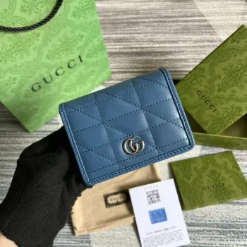 Gucci 466492 GG Marmont Card Case Wallet — Blue Matelassé Elegance