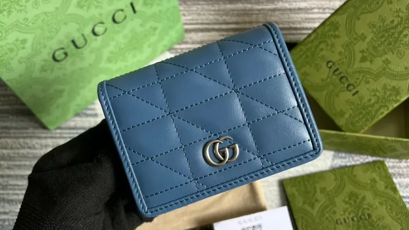 Gucci 466492 GG Marmont Card Case Wallet — Blue Matelassé Elegance