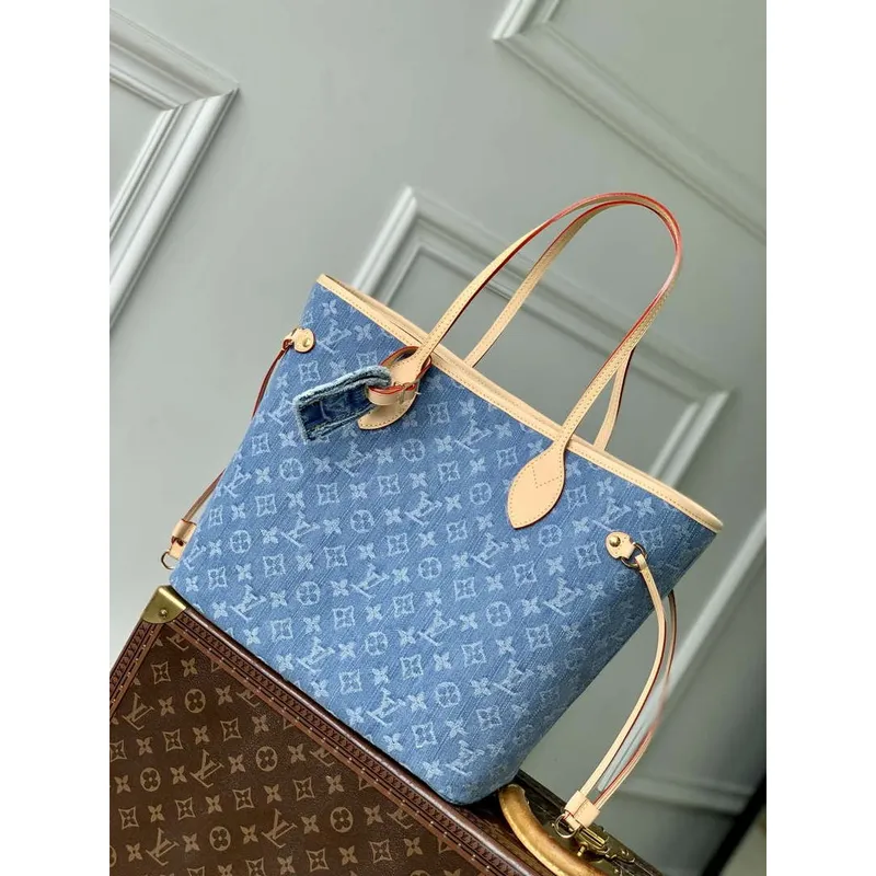 LV M13192 Louis Vuitton Neverfull MM Tote Bag Denim Blue
