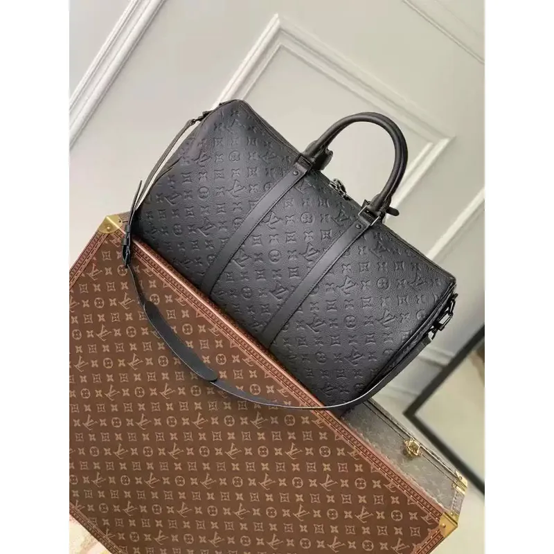 LV M59025 Louis Vuitton Keepall Bandoulière 50 Travel Bag Monogram taurillon leather Black