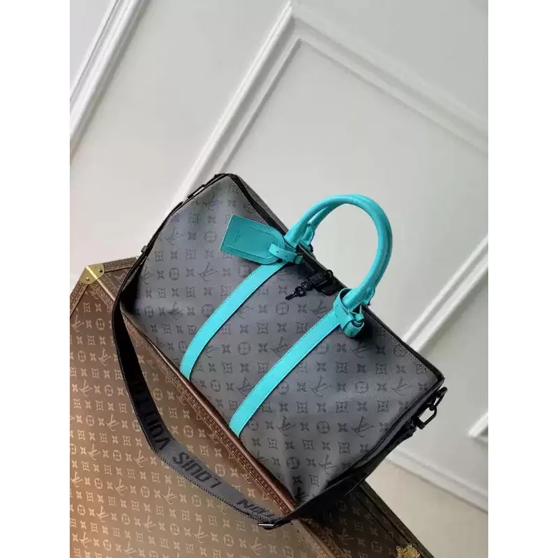 LV M11481 Louis Vuitton Keepall Bandoulière 45 Travel Bag Monogram Eclipse Reverse Blue