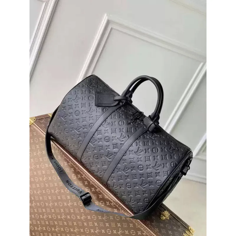 LV M44810 Louis Vuitton Keepall Bandoulière 50 Monogram shadow leather Black