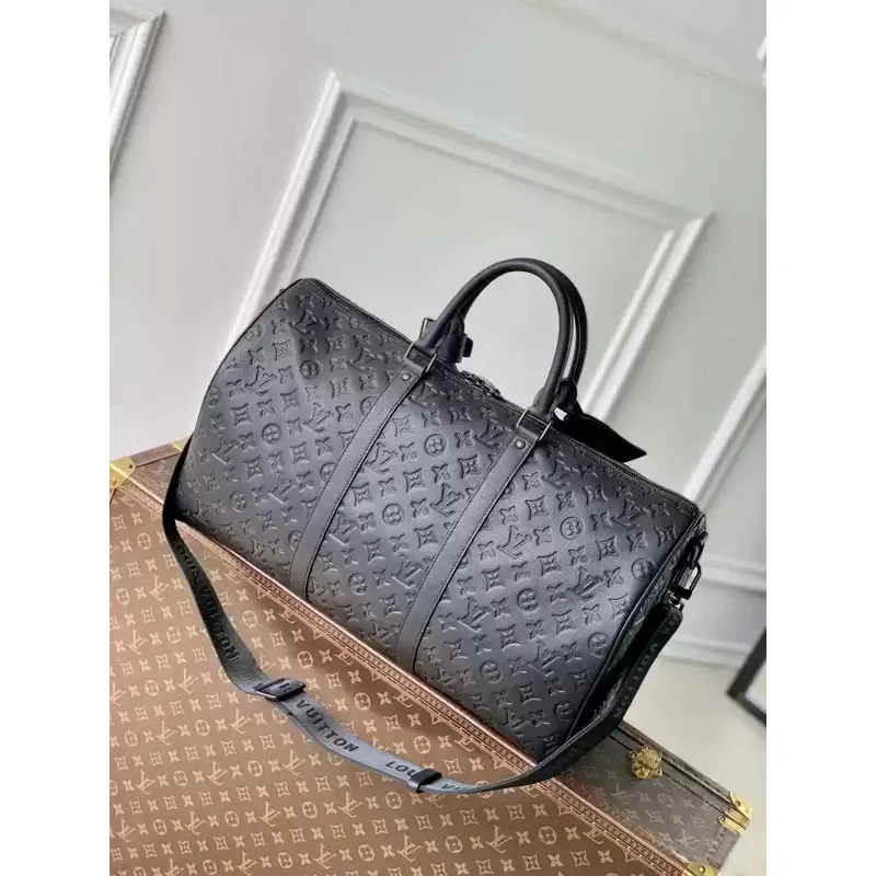LV M44810 Louis Vuitton Keepall Bandoulière 50 Monogram shadow leather Black