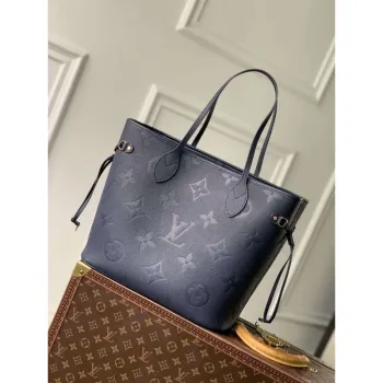 LV M47143 Louis Vuitton Neverfull MM Bag Monogram Empreinte Leather Navy Blue