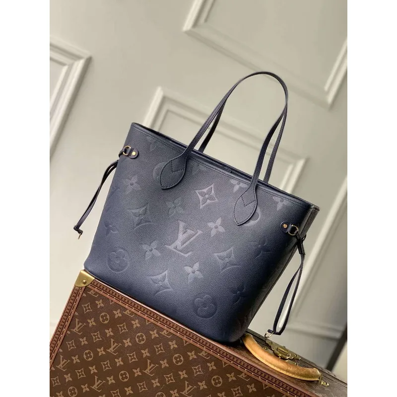 LV M47143 Louis Vuitton Neverfull MM Bag Monogram Empreinte Leather Navy Blue