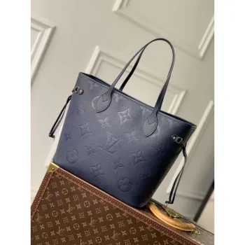 LV M47143 Louis Vuitton Neverfull MM Bag Monogram Empreinte Leather Navy Blue