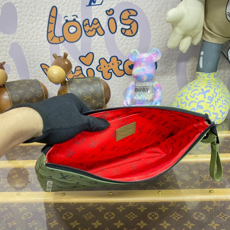 LV M82800 Louis Vuitton Pochette Voyage Souple Khaki Green/Vermillion Red