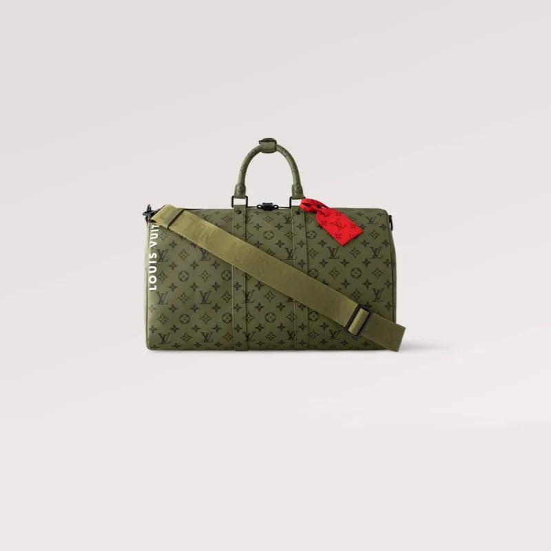 LV M23962 Louis Vuitton Keepall Bandoulière 45 Bag Khaki Green/Vermillion Red