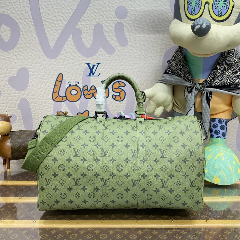 LV M23962 Louis Vuitton Keepall Bandoulière 45 Bag Khaki Green/Vermillion Red