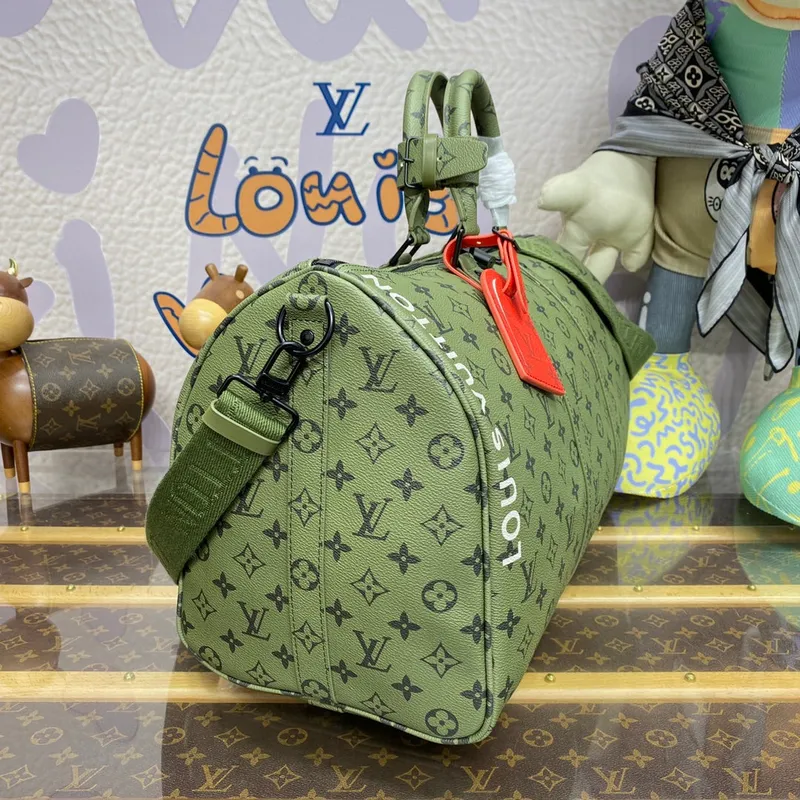 LV M23962 Louis Vuitton Keepall Bandoulière 45 Bag Khaki Green/Vermillion Red