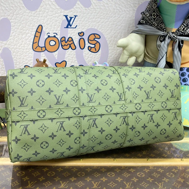 LV M23962 Louis Vuitton Keepall Bandoulière 45 Bag Khaki Green/Vermillion Red