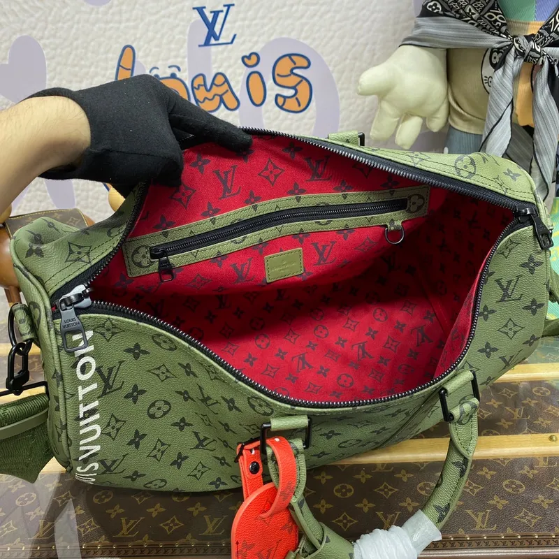 LV M23962 Louis Vuitton Keepall Bandoulière 45 Bag Khaki Green/Vermillion Red