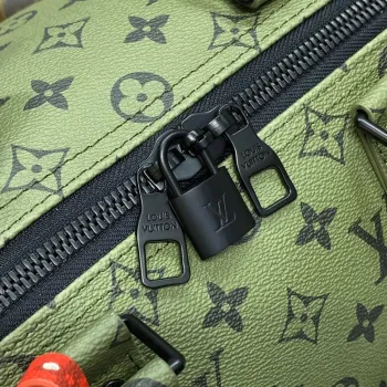 LV M23962 Louis Vuitton Keepall Bandoulière 45 Bag Khaki Green/Vermillion Red